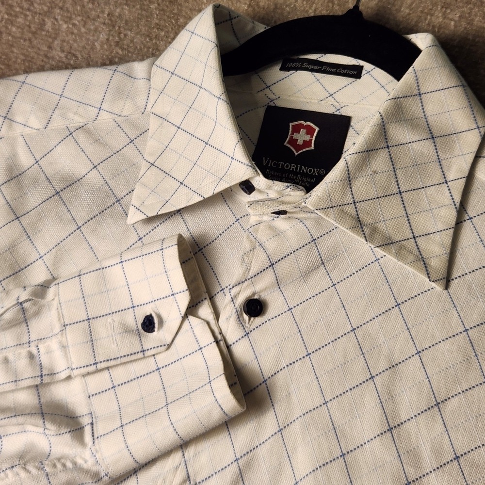 Victorinox Button Down Mens L Cream Blue Grid Super Fine Cotton Long Sleeve